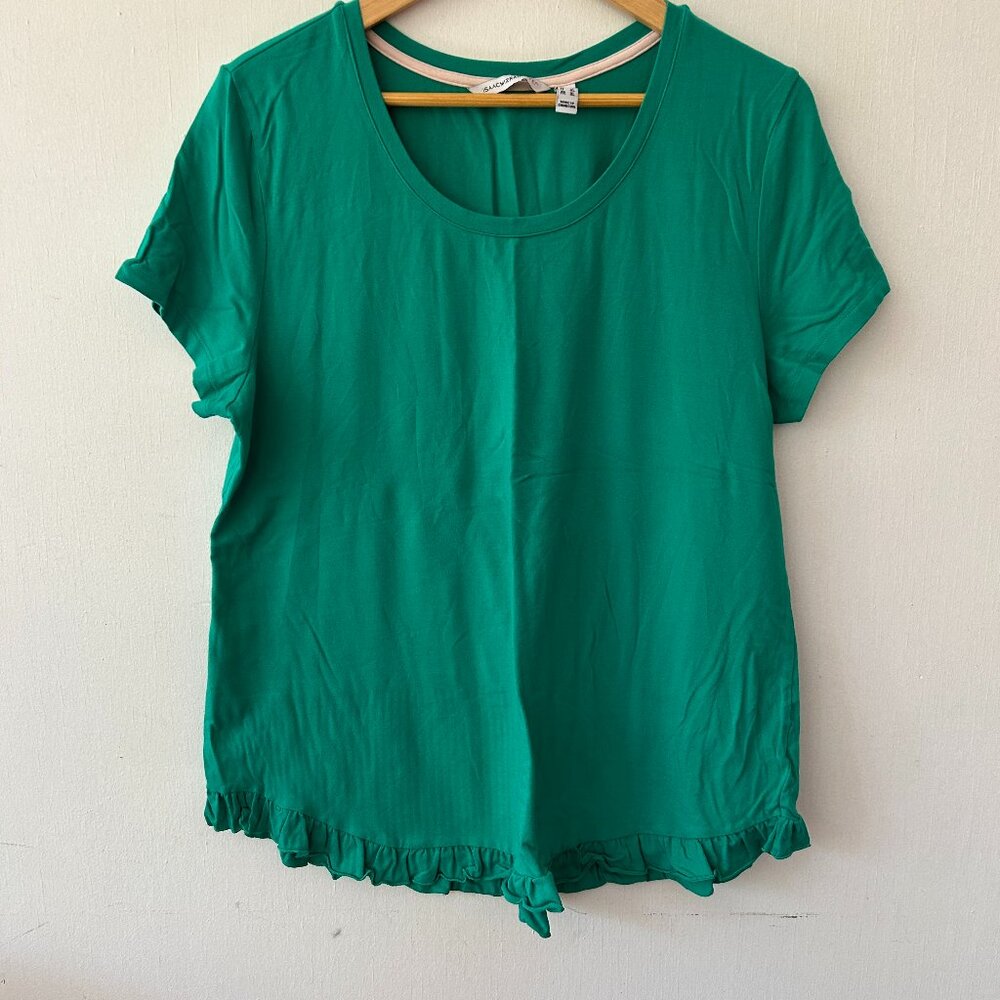 Isaac Mizrahi Live T-shirt Womens Large Green Scoop Neck Ruffle Hem Cottagecore